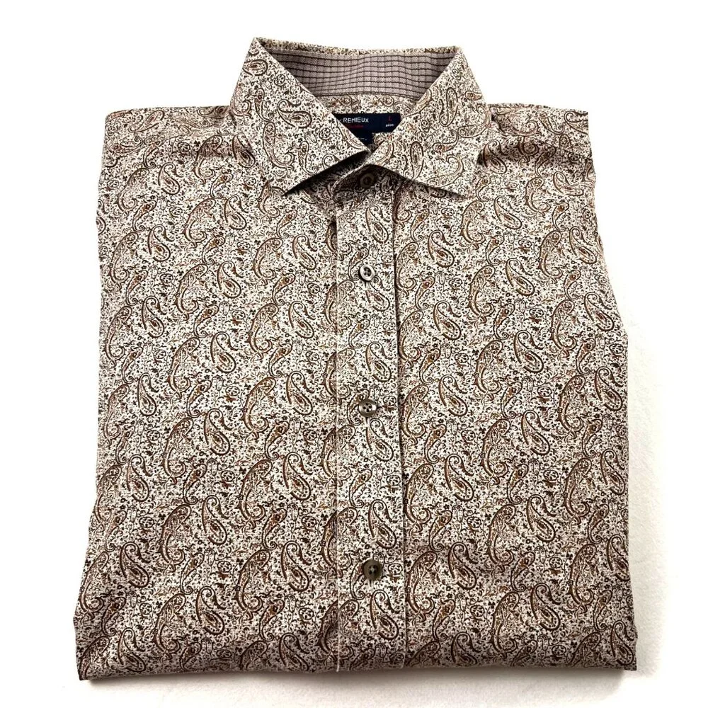 Cremieux Classics Mens Paisley Long Sleeve Button-Up Large Shirt Brown Flip Cuff